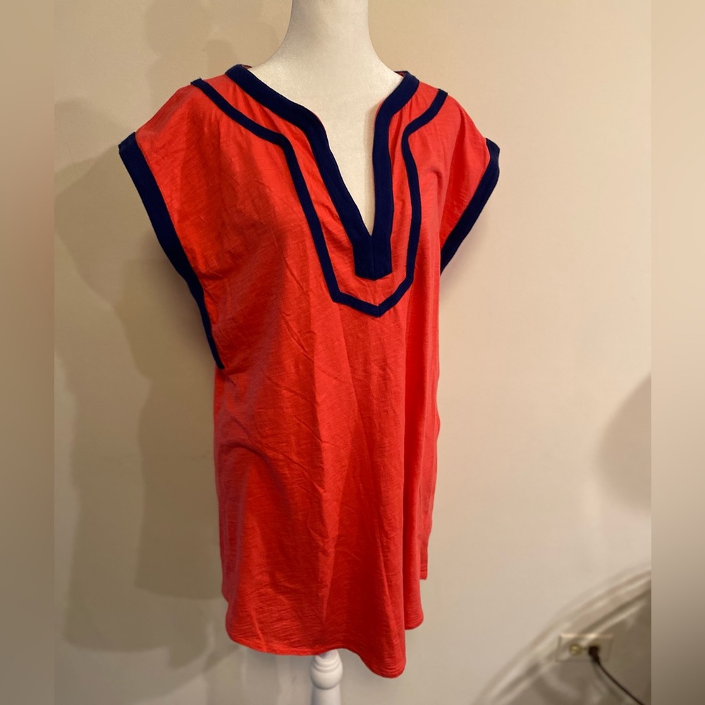 J Crew red with blue trim cotton beach cover size Medium